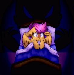 Size: 4004x4096 | Tagged: safe, artist:ask_twisted, imported from derpibooru, scootaloo, pegasus, pony, bed, commission, ears back, floppy ears, scared, solo