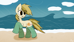 Size: 3840x2160 | Tagged: safe, artist:monycaalot, imported from derpibooru, oc, oc:sand dollar, earth pony, pony, beach, female, full body, high res, ocean, orange eyes, solo, wallpaper, water, water socks