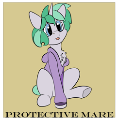 Size: 1632x1664 | Tagged: safe, artist:brainiac, imported from derpibooru, part of a set, oc, oc:fluoride sting, pony, unicorn, chest fluff, clothes, collar, female, hoodie, mare, meme, no context, protective mare (set), solo