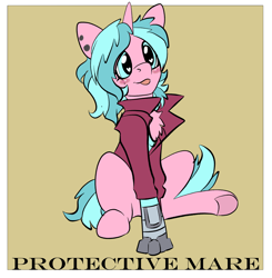 Size: 1632x1664 | Tagged: safe, artist:brainiac, imported from derpibooru, part of a set, oc, oc:candy chip, pony, unicorn, chest fluff, cybernetic legs, female, mare, meme, no context, protective mare (set), solo