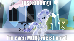 Size: 2000x1125 | Tagged: safe, edit, edited screencap, imported from derpibooru, screencap, rarity, crystal pony, pony, unicorn, the crystal empire, bait, caption, crystal rarity, crystallized, female, image macro, mare, meme, op is a duck, op is trying to start shit, racism, racisty, solo, text