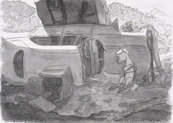 Size: 900x639 | Tagged: safe, artist:adeptus-monitus, imported from derpibooru, oc, earth pony, car, hug, junkyard, realistic, ruins, self-hugging, sleeping, solo, traditional art, trash