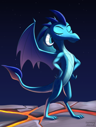 Size: 2250x3000 | Tagged: safe, artist:dash wang, imported from derpibooru, princess ember, dragon, dragoness, female, high res, lava, moonlight, muscles, night, solo, standing, stars, wings