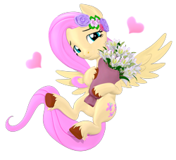 Size: 2200x2000 | Tagged: safe, artist:owlpirate, imported from derpibooru, fluttershy, pegasus, pony, 3d, bouquet, cute, female, floating heart, flower, flower in hair, flying, heart, high res, lidded eyes, mare, shyabetes, simple background, smiling, solo, source filmmaker, spread wings, transparent background, underhoof, unshorn fetlocks, wings