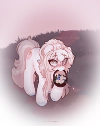 Size: 1340x1674 | Tagged: safe, artist:flixanoa, imported from derpibooru, oc, oc only, oc:glassy, oc:glassy mind, earth pony, pony, basket, eye clipping through hair, female, flower, mare, mouth hold, solo