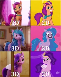 Size: 1080x1350 | Tagged: safe, edit, edited screencap, imported from derpibooru, screencap, izzy moonbow, pipp petals, sunny starscout, pegasus, pony, unicorn, spoiler:my little pony: a new generation, 2d, 3d, 3d to 2d, comparison, fake horn, g5, mane stripe sunny, my little pony: a new generation, my little pony: tell your tale