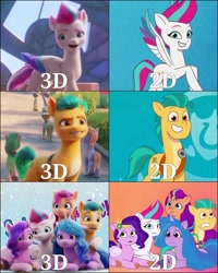 Size: 1080x1350 | Tagged: safe, edit, edited screencap, imported from derpibooru, screencap, hitch trailblazer, izzy moonbow, pipp petals, sunny starscout, zipp storm, earth pony, pegasus, pony, unicorn, spoiler:my little pony: a new generation, 2d, 3d, comparison, female, g5, male, mane five (g5), mane stripe sunny, mare, my little pony: a new generation, my little pony: tell your tale, stallion