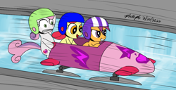 Size: 962x492 | Tagged: safe, artist:pheeph, imported from derpibooru, apple bloom, scootaloo, sweetie belle, earth pony, pegasus, pony, unicorn, bobsled, cutie mark crusaders, female, filly, foal, grin, helmet, ice, scared, sled, smiling, speed lines, sports, track, wide eyes