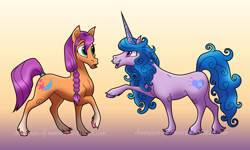 Size: 3000x1800 | Tagged: safe, artist:champion-of-namira, imported from derpibooru, izzy moonbow, sunny starscout, earth pony, pony, unicorn, duo, g5, hoers, my little pony: a new generation