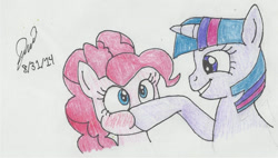 Size: 1024x580 | Tagged: safe, imported from derpibooru, pinkie pie, twilight sparkle, earth pony, pony, ambiguous race, blushing, duo, female, hoof in mouth, lesbian, shipping, traditional art, twinkie