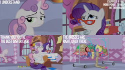 Size: 1280x720 | Tagged: safe, edit, edited screencap, editor:quoterific, imported from derpibooru, screencap, rarity, sweetie belle, pony, unicorn, for whom the sweetie belle toils, season 4, carousel boutique, duo, eyes closed, female, filly, foal, glasses, hug, mannequin, mare, open mouth, rarity's glasses, siblings, sisters