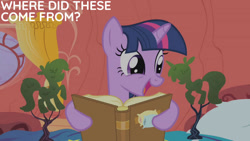 Size: 1280x720 | Tagged: safe, edit, edited screencap, editor:quoterific, imported from derpibooru, screencap, twilight sparkle, pony, unicorn, look before you sleep, season 1, bed, blanket, book, cute, female, golden oaks library, mare, open mouth, open smile, pillow, smiling, solo, that pony sure does love books, twiabetes, unicorn twilight