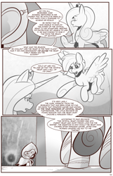 Size: 1253x1950 | Tagged: safe, artist:saturdaymorningproj, imported from derpibooru, princess cadance, rainbow dash, alicorn, pegasus, pony, comic:i await a guardian, cloak, clothes, grayscale, misspelling, monochrome, speech bubble