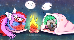 Size: 4948x2677 | Tagged: safe, artist:krissstudios, imported from derpibooru, oc, oc only, oc:mizhore, pony, campfire, chubbie, duo, fire