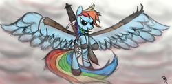 Size: 2215x1080 | Tagged: safe, artist:dennyhooves, imported from derpibooru, rainbow dash, pegasus, pony, bandage, female, mare, signature, solo, spread wings, sword, weapon, wings