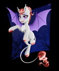 Size: 4000x4800 | Tagged: safe, artist:rainbowfire, imported from derpibooru, oc, bat pony, pegasus, pony, beautiful, branches, chest fluff, female, flying, mare, night, open mouth, purple eyes, smiling, solo, spread wings, stars, wings