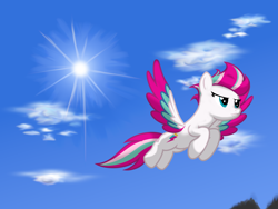 Size: 6000x4500 | Tagged: safe, artist:strategypony, imported from derpibooru, zipp storm, pegasus, pony, cloud, day, female, flying, g5, mare, mountain, my little pony: a new generation, outdoors, sky, solo, spread wings, sun, wings