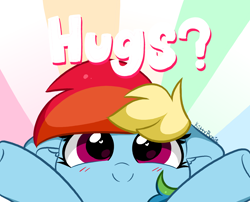 Size: 3904x3152 | Tagged: safe, artist:kittyrosie, imported from derpibooru, rainbow dash, pegasus, pony, bronybait, c:, cute, dashabetes, heart eyes, high res, hug request, kittyrosie is trying to murder us, looking at you, smiling, solo, text, weapons-grade cute, wingding eyes