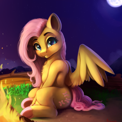 Size: 4000x4000 | Tagged: safe, artist:miokomata, imported from derpibooru, fluttershy, pegasus, pony, absurd resolution, campfire, chest fluff, colored hooves, cute, female, freckles, freckleshy, full moon, looking at you, mare, moon, night, outdoors, shyabetes, sitting, solo, spread wings, underhoof, wings