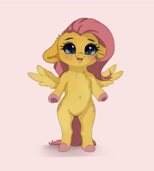 Size: 3620x4005 | Tagged: safe, artist:miokomata, imported from derpibooru, fluttershy, pegasus, semi-anthro, belly button, blushing, chest fluff, colored hooves, cute, female, filly, filly fluttershy, floppy ears, foal, freckles, freckleshy, high res, open mouth, open smile, pink background, shyabetes, simple background, smiling, solo, underhoof, weapons-grade cute, younger