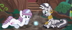 Size: 1280x536 | Tagged: safe, artist:hate-love12, imported from derpibooru, potion nova, zecora, pony, zebra, my little pony: pony life, g4, g4.5, g4.5 to g4, lying down, magic, prone