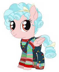 Size: 1068x1312 | Tagged: safe, artist:dyonys, imported from derpibooru, cozy glow, pegasus, pony, series:horrorverse, chucky, clothes, female, filly, foal, freckles, looking at you, mare, simple background, smiling, smiling at you, solo, transparent background