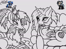 Size: 6000x4500 | Tagged: safe, artist:zadrex, imported from derpibooru, oc, oc only, oc:porsha, oc:zavada, alicorn, hybrid, kirin, pony, duo, looking at each other, looking at someone, lying down, makeup, sketch