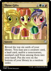 Size: 375x523 | Tagged: safe, artist:rangelost, edit, imported from derpibooru, moondancer's sister, morning roast, sea swirl, seafoam, sweet biscuit, oc, pony, unicorn, cyoa:d20 pony, ccg, female, looking at you, magic, magic the gathering, mare, outdoors, pixel art, present, smiling, standing, telekinesis, trading card, trading card edit, trio