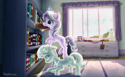 Size: 2332x1440 | Tagged: safe, artist:robsa990, imported from derpibooru, diamond tiara, silver spoon, earth pony, pony, bedroom, book, bookshelf, duo, duo female, eyes closed, female, filly, floppy ears, foal, glasses, jewelry, mouth hold, necklace, signature, tiara, unshorn fetlocks, window