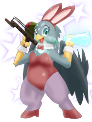 Size: 1200x1600 | Tagged: safe, artist:kushina13, imported from derpibooru, gabby, griffon, semi-anthro, atomic bomb, bipedal, bottle, bowtie, bunny ears, bunny suit, chubby, clothes, drink, fat man, female, looking at you, nuclear weapon, nuka cola, simple background, solo, stars, transparent background, weapon
