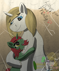 Size: 1000x1200 | Tagged: safe, artist:gray star, derpibooru exclusive, imported from derpibooru, oc, oc only, oc:father bright, oc:minty shine (graystar), pony, unicorn, fallout equestria, fallout equestria: all things unequal, fallout equestria:all things unequal (pathfinder), father and child, father and daughter, female, filly, foal, happy, hug, male, nuzzling, smiling, stallion