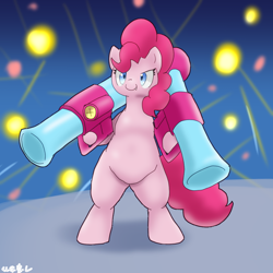 Size: 1000x1000 | Tagged: safe, artist:kushina13, imported from derpibooru, pinkie pie, earth pony, pony, semi-anthro, the ending of the end, bipedal, female, japanese, mare, rocket launcher, sharp teeth, solo, teeth, weapon