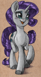 Size: 1280x2382 | Tagged: safe, artist:faline-art, edit, imported from derpibooru, rarity, pony, unicorn, female, high res, mare, open mouth, open smile, raised leg, smiling, solo, traditional art