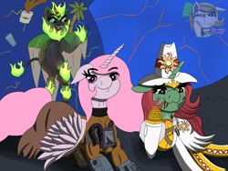 Size: 1600x1200 | Tagged: safe, artist:gray star, derpibooru exclusive, imported from derpibooru, oc, oc only, oc:lumen, oc:minty shine (graystar), oc:silent spring, alicorn, kirin, nirik, unicorn, fallout equestria, :3, blood, bruised, buff, cultist, fallout equestria: all things unequal, fallout equestria:all things unequal (pathfinder), female, inquisitor, muscles, smug, waving