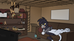 Size: 4800x2700 | Tagged: safe, artist:moemneop, imported from derpibooru, oc, oc only, oc:neop, oc:skraww, bat, griffon, banana, book, bookshelf, bottle, box, commodore 64, controller, couch, food, grapes, ladder, male, television, tractor, upside down