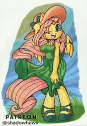 Size: 832x1200 | Tagged: safe, artist:shadowhawx, imported from derpibooru, fluttershy, anthro, pegasus, breasts, busty fluttershy, clothes, cute, dress, female, hat, looking at you, one eye closed, open mouth, open smile, sandals, shyabetes, smiling, solo, sun hat, traditional art, wind