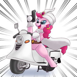 Size: 1000x1000 | Tagged: safe, artist:kushina13, imported from derpibooru, pinkie pie, earth pony, semi-anthro, belt, clothes, ear piercing, earring, female, fuji rabbit, glasses, gun, hat, jewelry, mare, motor scooter, piercing, scooter, solo, weapon