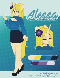 Size: 2302x2969 | Tagged: safe, artist:sugarstar, imported from derpibooru, oc, oc only, oc:alessa, anthro, unicorn, boob window, clothes, flower, flower in hair, high heels, reference sheet, shoes, skirt, sweater, tube skirt