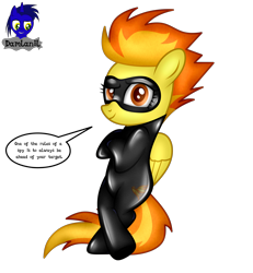 Size: 3840x4154 | Tagged: safe, alternate version, artist:damlanil, imported from derpibooru, spitfire, pegasus, pony, bipedal, bipedal leaning, bodysuit, catsuit, clothes, comic, cool, crossed hooves, domino mask, female, high res, latex, latex suit, leaning, mare, mask, rubber, shiny, show accurate, simple background, speech bubble, spy, spy suit, suit, text, transparent background, vector, wings