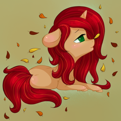 Size: 800x800 | Tagged: safe, artist:lourita-shine, imported from derpibooru, oc, oc only, pony, unicorn, commission, commissioner:m00nlightmagic, female, horn, leaves, lying down, prone, simple background, solo, unicorn oc