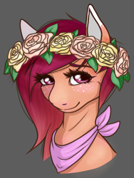 Size: 600x800 | Tagged: safe, artist:lourita-shine, imported from derpibooru, oc, oc only, pony, bust, female, floral head wreath, flower, freckles, gray background, simple background, smiling, solo