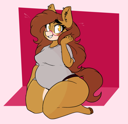 Size: 3609x3492 | Tagged: safe, artist:somefrigginnerd, imported from derpibooru, oc, oc only, oc:pencil test, anthro, earth pony, unguligrade anthro, abstract background, bbw, clothes, comfy, cute, fat, freckles, furry, glasses, panties, pretty, sitting, smiling, solo, thighs, thunder thighs, underwear, wide hips