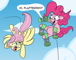 Size: 1803x1446 | Tagged: safe, artist:doodledonutart, imported from derpibooru, fluttershy, pinkie pie, earth pony, pegasus, pony, cartoon physics, comic, dialogue, duo, duo female, female, floppy ears, flying, looking at each other, looking at someone, mare, open mouth, open smile, pinkie being pinkie, pinkie physics, signature, sky, smiling, speech bubble, springs, tail, wings