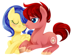 Size: 1024x811 | Tagged: safe, artist:xnightmelody, imported from derpibooru, oc, oc only, oc:north star, oc:wineberry, earth pony, pegasus, pony, commission, commissioner:kirbs2002, duo, earth pony oc, eyes closed, female, male, oc x oc, pegasus oc, shipping, simple background, smiling, straight, transparent background