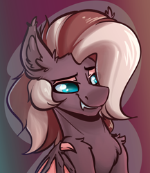 Size: 3464x4000 | Tagged: safe, artist:witchtaunter, imported from derpibooru, oc, oc only, oc:efflorescence, bat pony, pony, bat pony oc, bust, chest fluff, ear fluff, gift art, gradient background, male, rule 63, shoulder fluff, smiling, smirk, solo