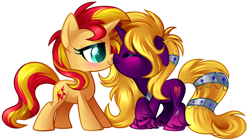 Size: 1024x574 | Tagged: safe, artist:xnightmelody, imported from derpibooru, sunset shimmer, oc, pony, unicorn, equestria girls, blushing, canon x oc, duo, eyes closed, female, horn, kissing, lesbian, simple background, transparent background, unicorn oc