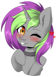 Size: 3311x4548 | Tagged: safe, artist:torihime, imported from derpibooru, oc, oc only, oc:frenzy nuke, pony, unicorn, blushing, chest fluff, collar, cute, ear fluff, eyebrows, eyebrows visible through hair, eyelashes, female, floating heart, grin, heart, heart eyes, looking at you, mare, one eye closed, simple background, smiling, smiling at you, solo, transparent background, wingding eyes, wink, winking at you