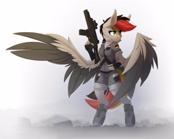 Size: 4096x3259 | Tagged: safe, alternate version, artist:n_thing, imported from derpibooru, oc, oc only, oc:anja snow, anthro, pegasus, unguligrade anthro, anthro oc, assault rifle, belt, big ears, breasts, cheek fluff, clothes, colored wings, elbow fluff, eyebrows, eyebrows visible through hair, eyelashes, fang out, fangs, fingerless gloves, flag, gloves, gray coat, green eyes, ground, gun, hand on hip, high res, hock fluff, hoof shoes, large wings, looking sideways, military pony, military uniform, multicolored hair, multicolored tail, pegasus oc, pocket, rifle, scope, shorts, signature, solo, spread wings, tail, two toned wings, uniform, wall of tags, weapon, wings