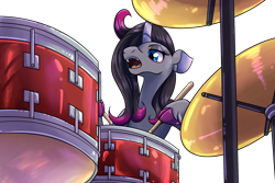 Size: 1800x1200 | Tagged: safe, artist:redahfuhrerking, imported from derpibooru, classical unicorn, pony, unicorn, them's fightin' herds, cloven hooves, community related, drum kit, drums, musical instrument, oleander (tfh), simple background, solo, transparent background, unshorn fetlocks