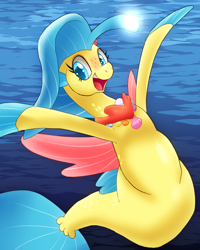 Size: 1024x1280 | Tagged: safe, artist:kushina13, imported from derpibooru, princess skystar, seapony (g4), my little pony: the movie, blue mane, blue tail, dorsal fin, female, fin wings, fins, fish tail, flower, flower in hair, flowing tail, freckles, glowing, happy, jewelry, looking at you, necklace, ocean, open mouth, open smile, pearl necklace, seashell, seashell necklace, smiling, smiling at you, solo, swimming, tail, teeth, thick, underwater, water, wings